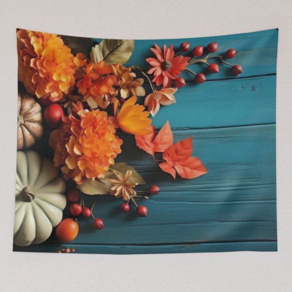 Item preview, Autumn Pumpkins and Orange Flowers on Teal Wooden Background designed and sold by LYAN-STORE.