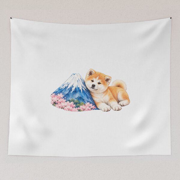 Item preview, Cute Akita Dog Puppy & Mount Fuji - Japanese Watercolor Art designed and sold by japan-picto.