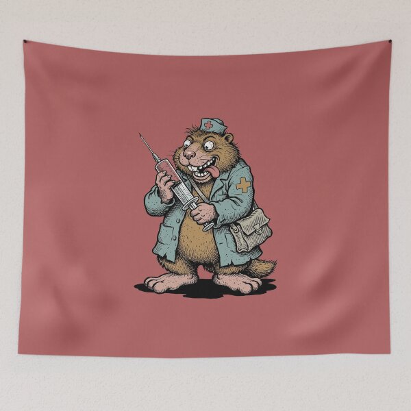 Item preview, Dr. Marmot’s Terminal Cure: Mad Rodent Nurse Satirical Art Print designed and sold by FreiherrPK.