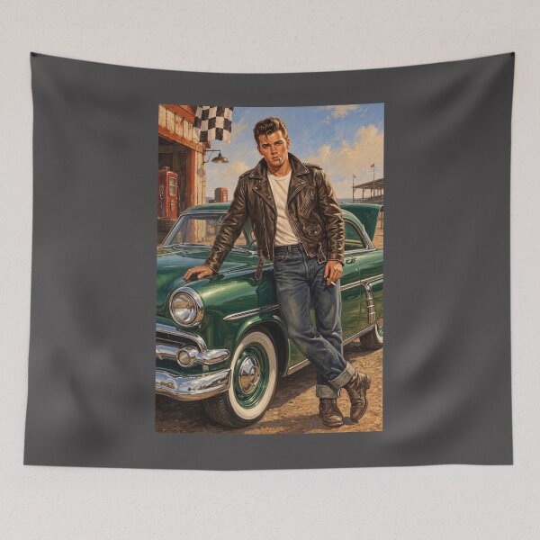 Item preview, 1950s Greaser Rebel: Retro Bad Boy and Green Classic Car Art designed and sold by AgdBol.