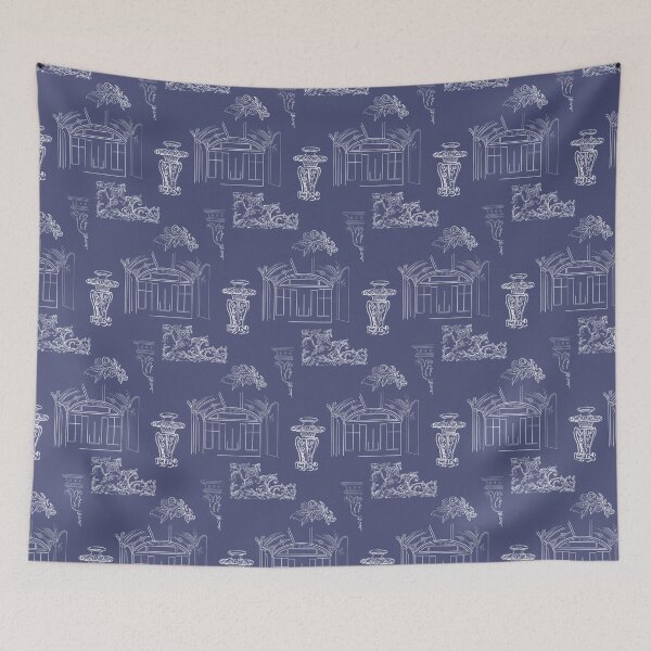 Item preview, Architectural White Line Drawings and Flourishes - blue background designed and sold by The Flying Bunny Studio.