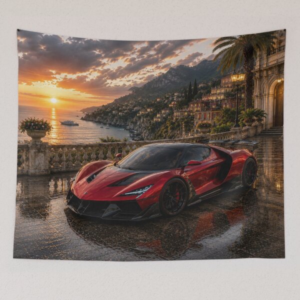 Item preview, Red Supercar at Mediterranean Sunset – Luxury Coastal Drive designed and sold by ZYVARENNE.