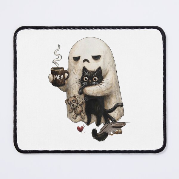 Item preview, Unhappy Ghost Hugging Wide-Eyed Black Cat with Voodoo Doll and "MEH" Mug designed and sold by CreativeNest Prints.