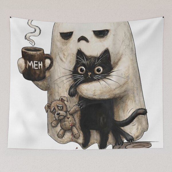 Item preview, Unhappy Ghost Hugging Wide-Eyed Black Cat with Voodoo Doll and "MEH" Mug designed and sold by CreativeNest Prints.