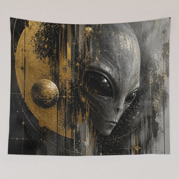 Item preview, Cosmic Alien – Abstract Gold & Black Extraterrestrial Portrait designed and sold by ZYVARENNE.
