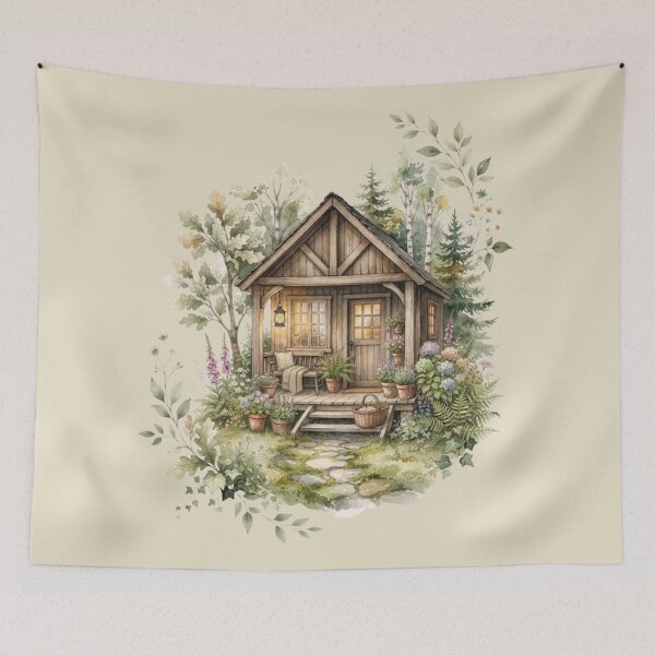 Item preview, Tiny Woodland Cottage Watercolor Cottagecore Art designed and sold by CalmCapy Co.