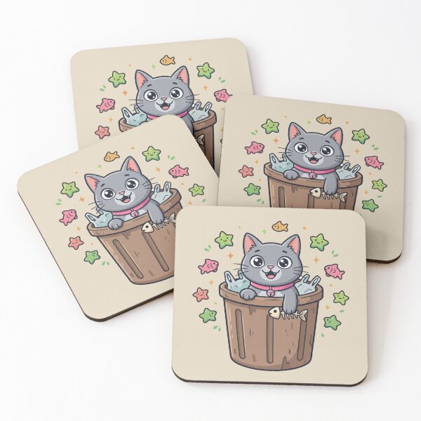 Item preview, Cute Happy Cat Trash Bin Fish Skeleton designed and sold by Fine-Arts-Lab.