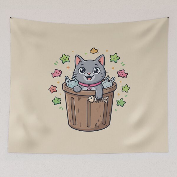 Item preview, Cute Happy Cat Trash Bin Fish Skeleton designed and sold by Fine-Arts-Lab.