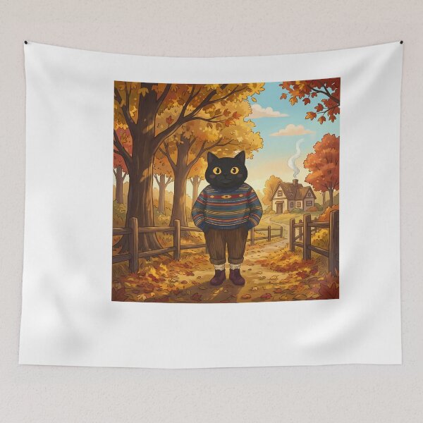 Item preview, Cozy Autumn Black Cat in Striped Sweater designed and sold by PurrfectHome.