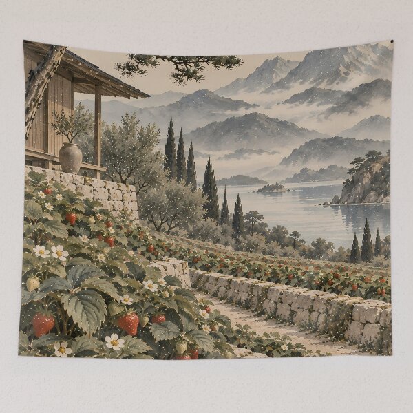Item preview, Cottagecore Strawberry Terrace Watercolour Mediterranean Landscape designed and sold by Jozefin's Studio.