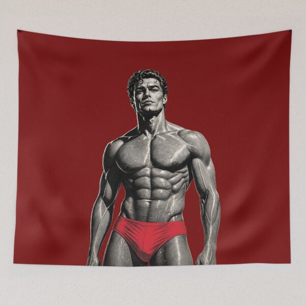Item preview, Classic Handsome Muscular Man in Red Briefs – Comic Retro Illustration designed and sold by gayishdesign.