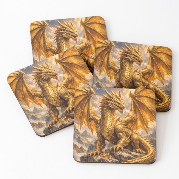 Item preview, Golden Dragon with Treasure Hoard – Majestic Gold Dragon Fantasy Artwork designed and sold by DrakariArt.