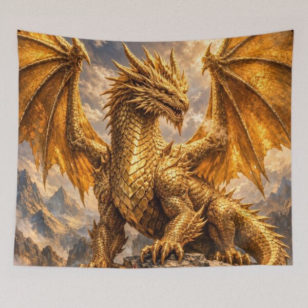 Item preview, Golden Dragon with Treasure Hoard – Majestic Gold Dragon Fantasy Artwork designed and sold by DrakariArt.