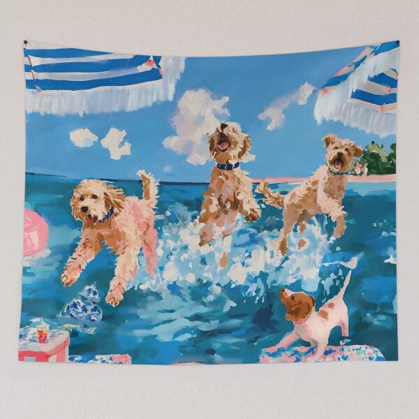 Item preview, Summertime, whimsical dogs playing in the sea designed and sold by SophieClimaArt.