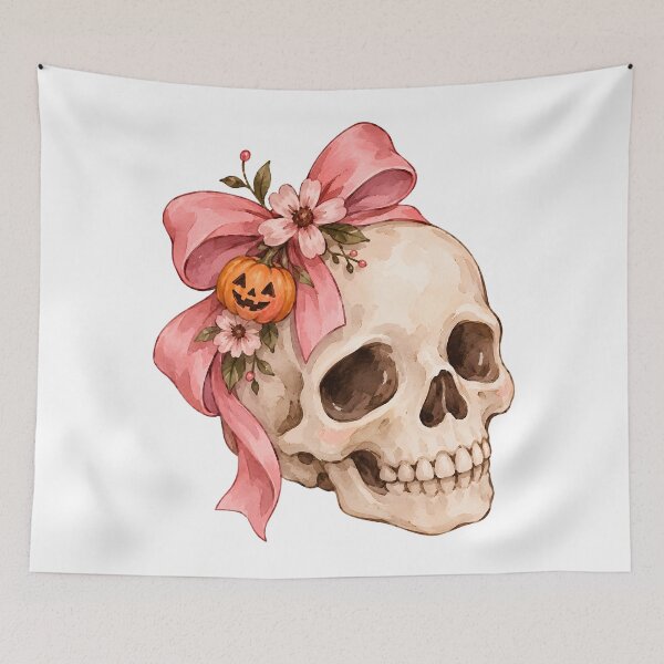 Item preview, Pink Bow Halloween Skull with Pumpkin – Cute Coquette Spooky Watercolor designed and sold by Safa  Reda.