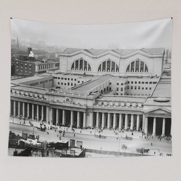 Item preview, 1915 Pennsylvania Railroad Station from Gimbel's Department Store view, New York, New York black and white vintage photograph designed and sold by Astrid Arkhangelsky.
