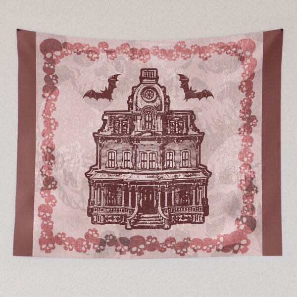 Item preview, Haunted Victorian Mansion Bats Gothic House Woodcut Red designed and sold by Ghoul Enterprises.