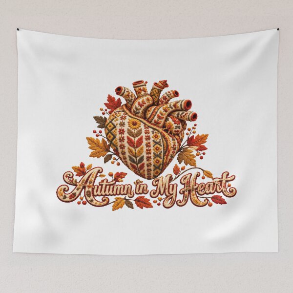 Item preview, Rustic Embroidered Anatomical Heart with Autumn Leaves and Floral Folk Ornament designed and sold by DansCreations42.
