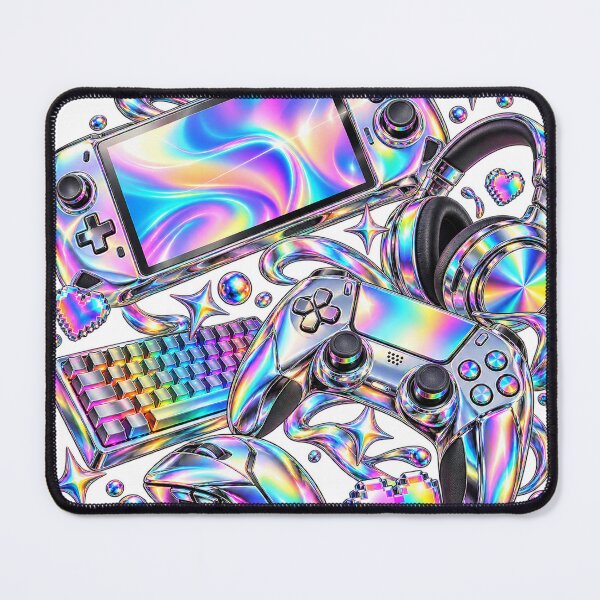 Item preview, Cozy Gaming Desk - Chrome Rainbow 2020s Lifestyle Collage designed and sold by The198X.
