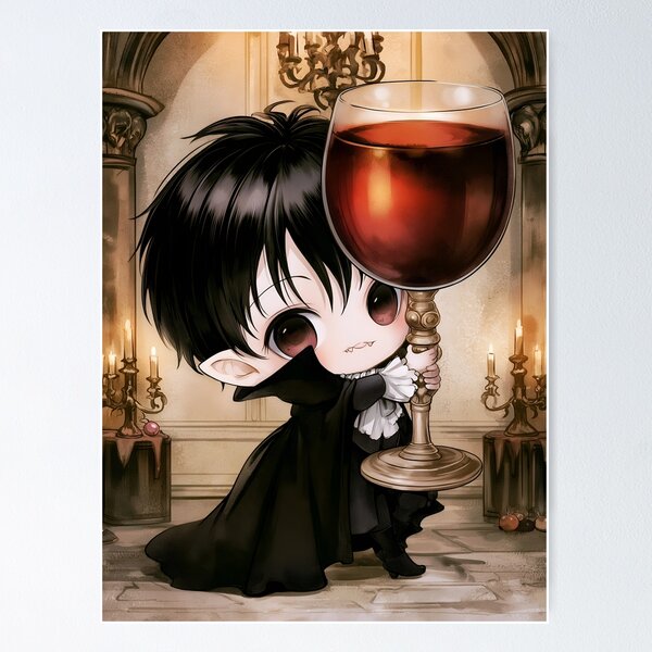 Item preview, Cute Gothic Vampire With Huge Drink | Chibi Vampire | Dark Fantasy Art designed and sold by InkAndGloom.