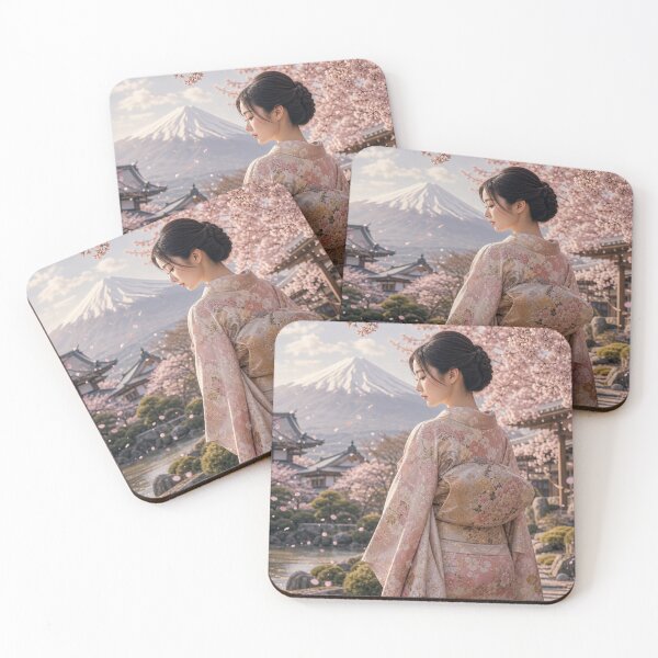 Item preview, Beautiful Japanese Woman in Kimono with Mt. Fuji and Cherry Blossoms designed and sold by vekotpu.