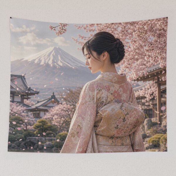 Item preview, Beautiful Japanese Woman in Kimono with Mt. Fuji and Cherry Blossoms designed and sold by vekotpu.