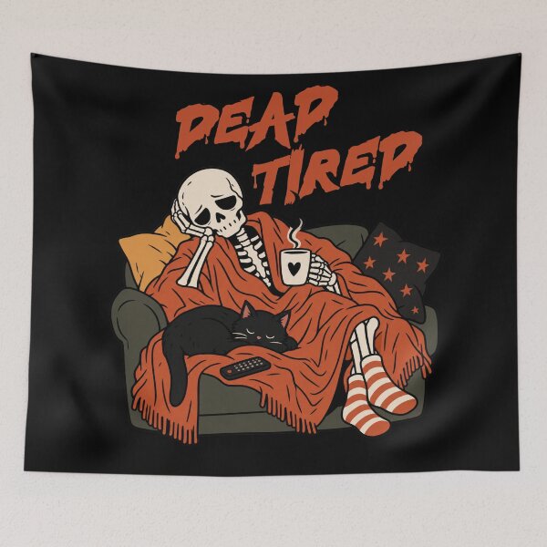 Item preview, Dead Tired Skeleton with Black Cat and Coffee - Cozy Spooky Gothic Humor designed and sold by sekrecja.