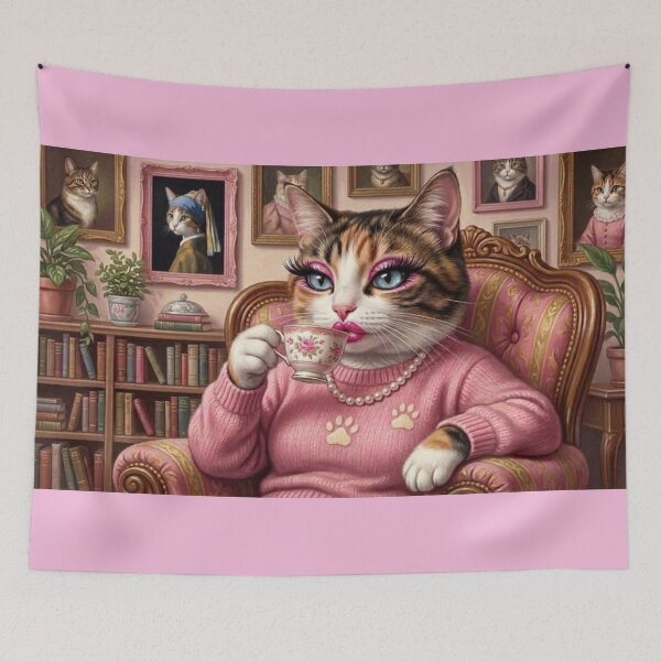 Item preview, Pink Coquette Cat Mom Drinking a Tea - Fancy Cat Lady Aesthetic / Funny Cat Meme / Pink Girly / Y2k / Makeup / Pearls / Books Lover / Gift for Cat Lovers Preppy designed and sold by TeenLake.