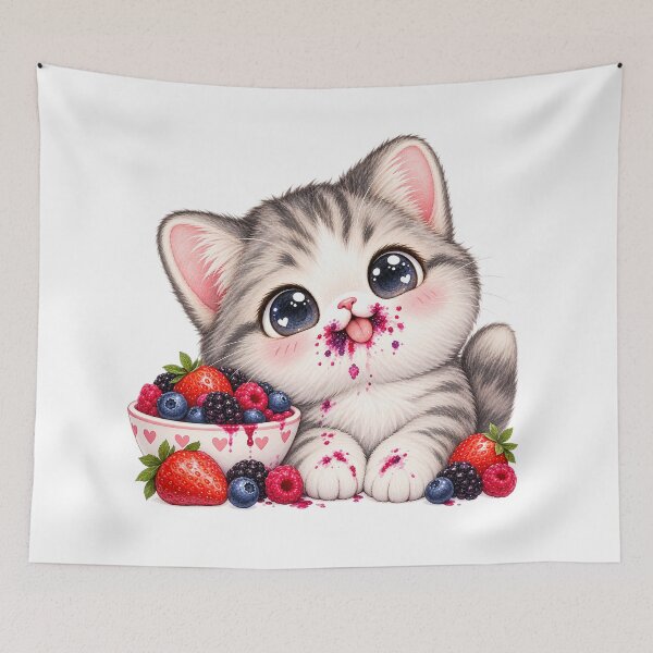 Item preview, Cute kawaii cat eating berry's designed and sold by EllaArtStore.