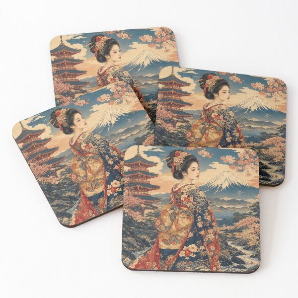 Item preview, Ukiyo-e Japanese Beauty with Pagoda and Mount Fuji Vintage Woodblock Print Style designed and sold by vekotpu.