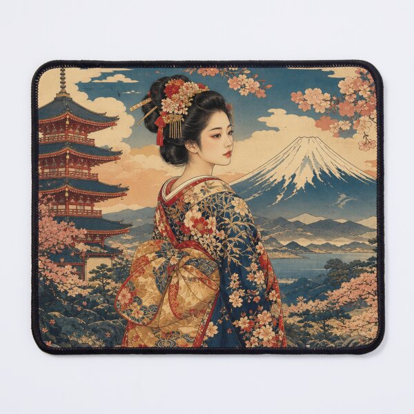 Item preview, Ukiyo-e Japanese Beauty with Pagoda and Mount Fuji Vintage Woodblock Print Style designed and sold by vekotpu.