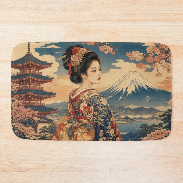 Item preview, Ukiyo-e Japanese Beauty with Pagoda and Mount Fuji Vintage Woodblock Print Style designed and sold by vekotpu.