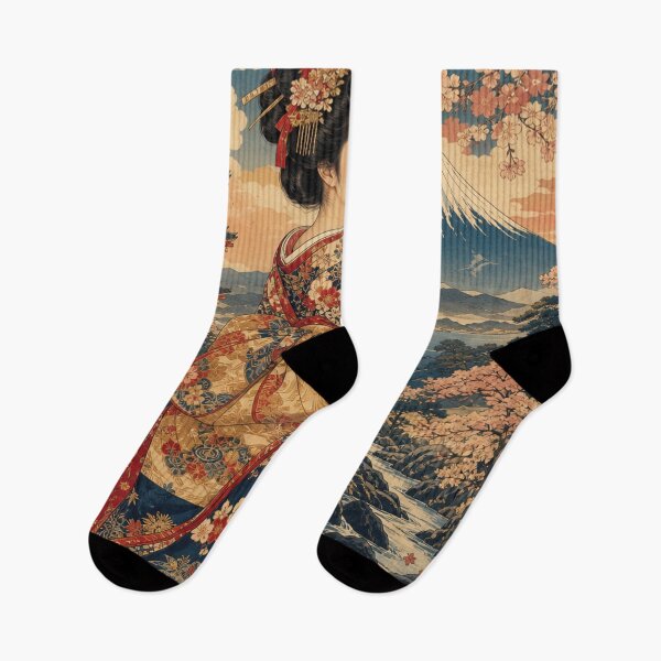 Item preview, Ukiyo-e Japanese Beauty with Pagoda and Mount Fuji Vintage Woodblock Print Style designed and sold by vekotpu.