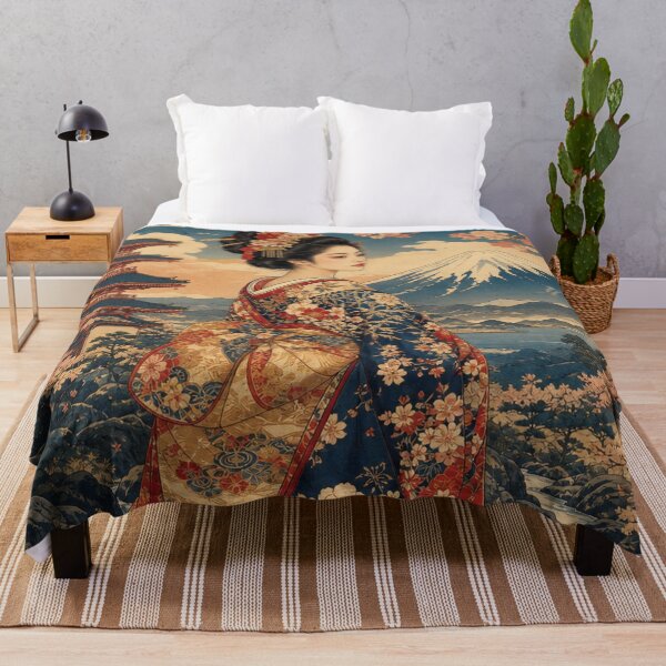 Item preview, Ukiyo-e Japanese Beauty with Pagoda and Mount Fuji Vintage Woodblock Print Style designed and sold by vekotpu.