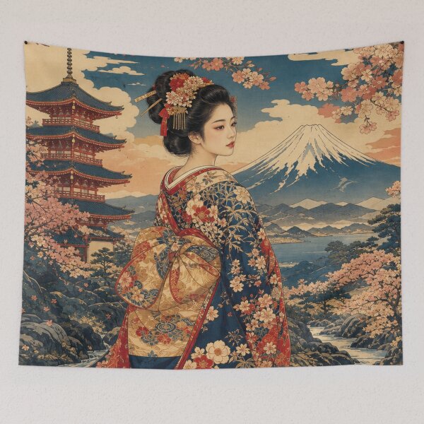 Item preview, Ukiyo-e Japanese Beauty with Pagoda and Mount Fuji Vintage Woodblock Print Style designed and sold by vekotpu.