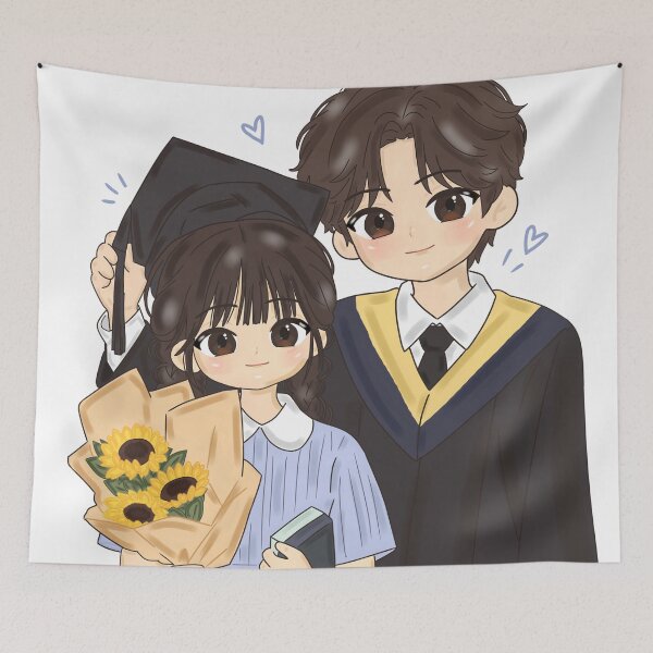 Item preview, Kawaii Graduation Couple with Sunflowers – Cute Chibi Graduation Digital Art Sticker designed and sold by Kanikawaii.