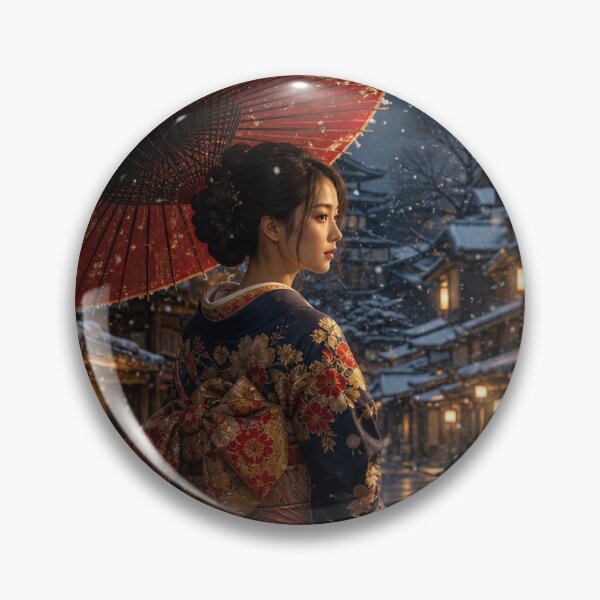 Item preview, Japanese Woman in Kimono with Red Umbrella in Snowy Night Street designed and sold by vekotpu.