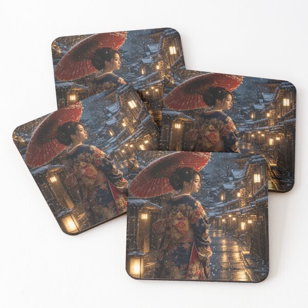 Item preview, Japanese Woman in Kimono with Red Umbrella in Snowy Night Street designed and sold by vekotpu.