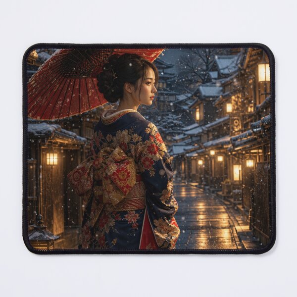 Item preview, Japanese Woman in Kimono with Red Umbrella in Snowy Night Street designed and sold by vekotpu.
