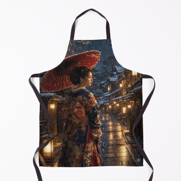 Item preview, Japanese Woman in Kimono with Red Umbrella in Snowy Night Street designed and sold by vekotpu.