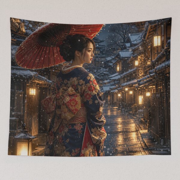 Item preview, Japanese Woman in Kimono with Red Umbrella in Snowy Night Street designed and sold by vekotpu.