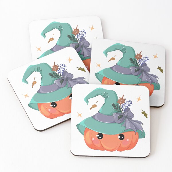 Item preview, A cute little cartoon Halloween pumpkin, wearing a charming green witch hat decorated with a beautiful bow and colorful leaves designed and sold by JuKoArt.