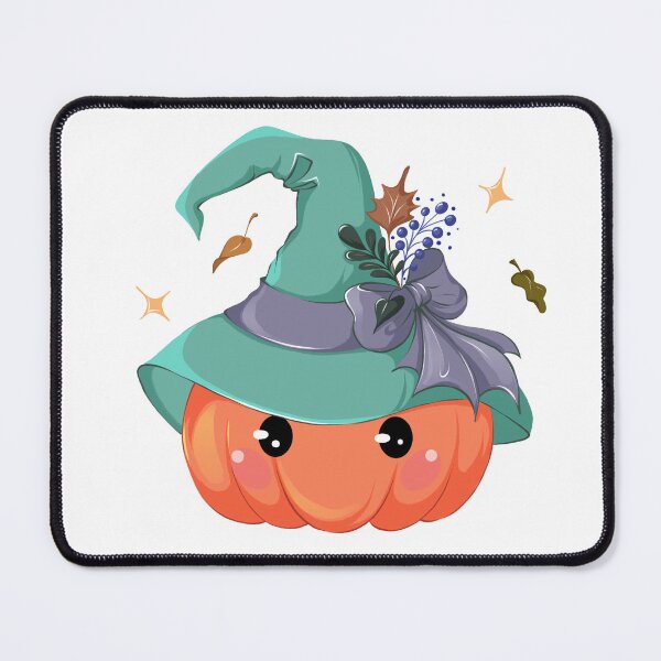 Item preview, A cute little cartoon Halloween pumpkin, wearing a charming green witch hat decorated with a beautiful bow and colorful leaves designed and sold by JuKoArt.