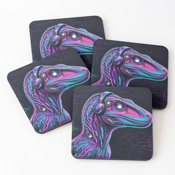 Item preview, Velociraptor Cyberpunk with Neon Headphones – Neon Dino Design designed and sold by CyberGlow Designs.