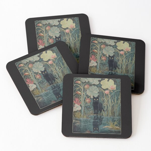 Item preview, Vintage Botanical Black Cat and Lotus Reflection designed and sold by PurrfectHome.