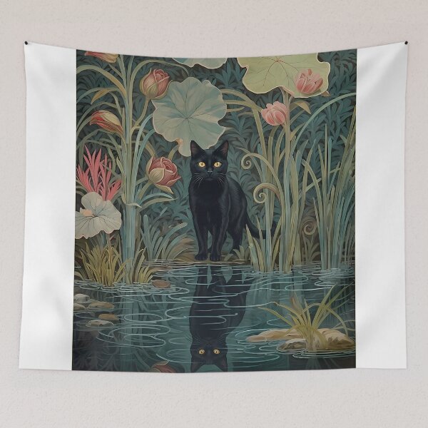 Item preview, Vintage Botanical Black Cat and Lotus Reflection designed and sold by PurrfectHome.