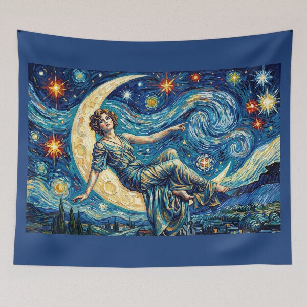Item preview, Victorian Crescent Moon Goddess in Van Gogh Starry Night Style designed and sold by ArtworkNorth.