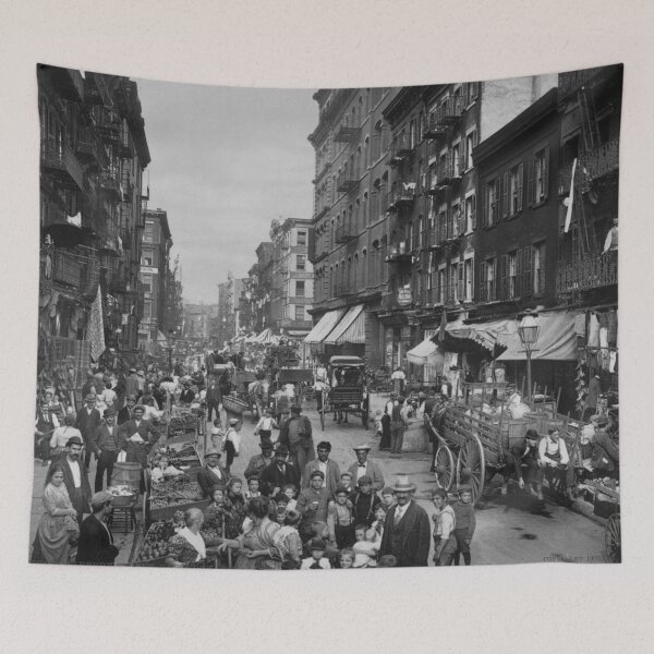 Item preview, 1900 Little Italy, Mulberry Street, New York City panoramic vintage black and white photograph designed and sold by Astrid Arkhangelsky.