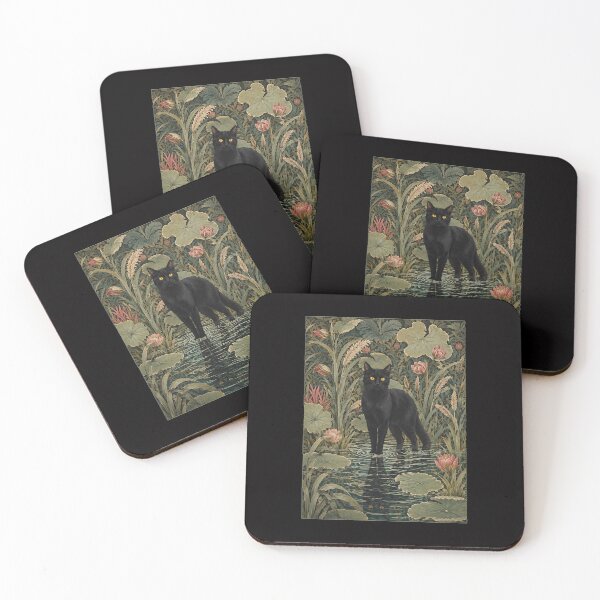 Item preview, William Morris Style Botanical Black Cat in Lotus Pond designed and sold by PurrfectHome.
