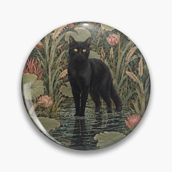 Item preview, William Morris Style Botanical Black Cat in Lotus Pond designed and sold by PurrfectHome.